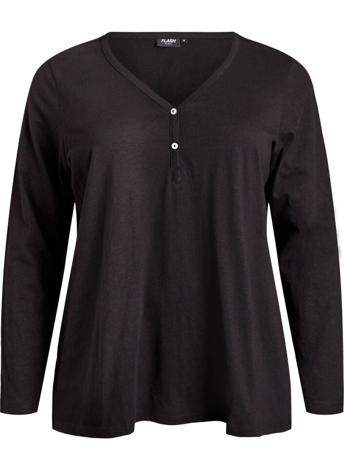T-shirt met lange mouwen, V-hals en knopen, Zwart, Packshot image number 0