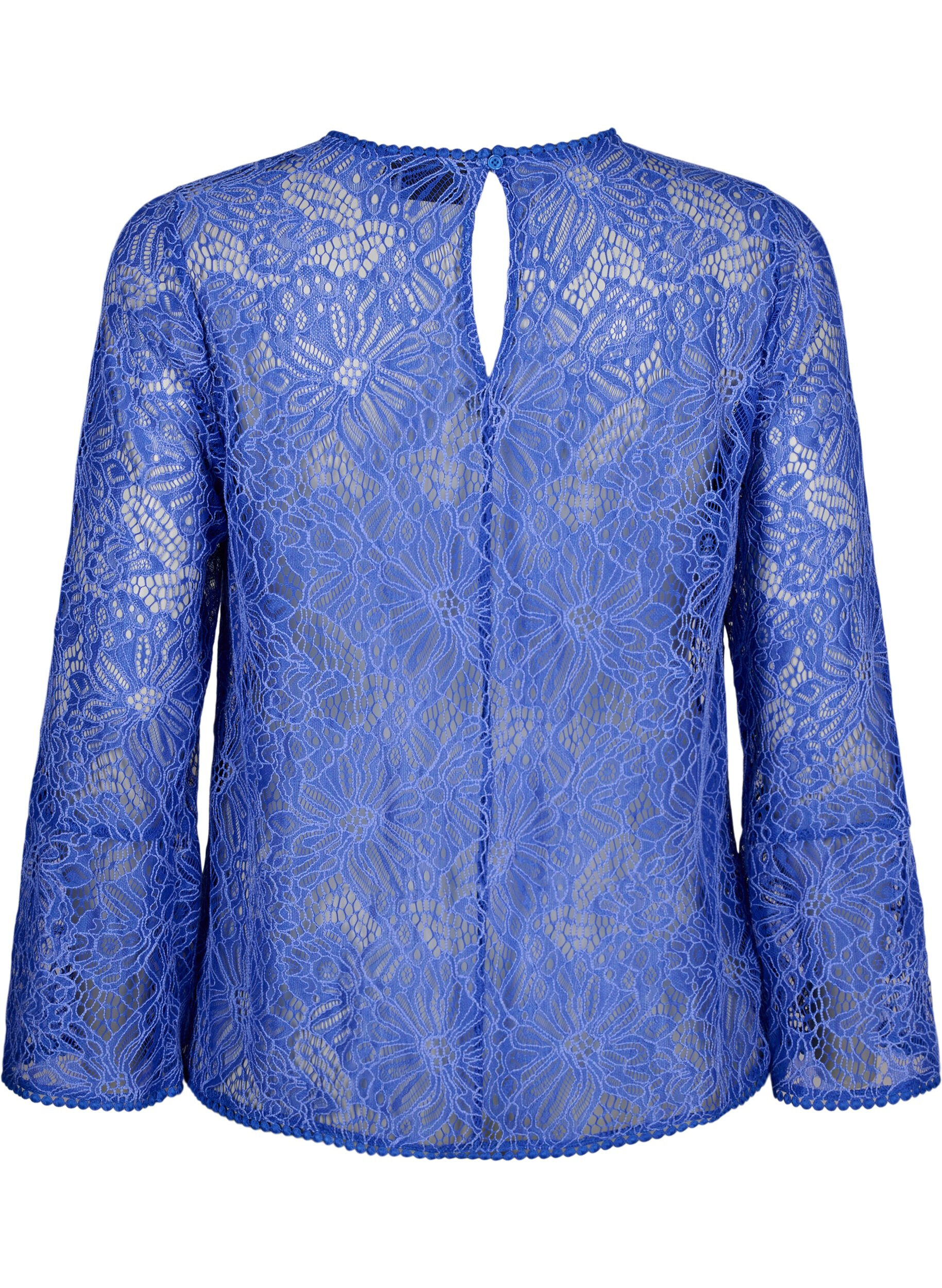 ZizziKanten blouse met ronde hals en lange mouwen, Blauw, Packshot image number 1