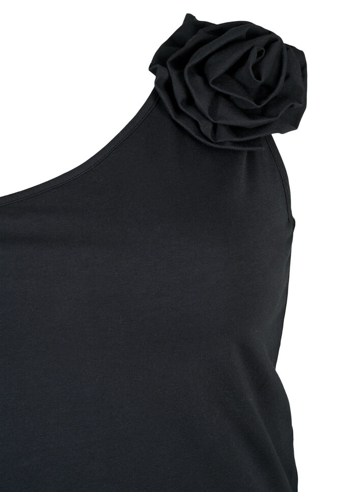 Topje met &eacute;&eacute;n blote schouder met roos, Black, Packshot image number 2