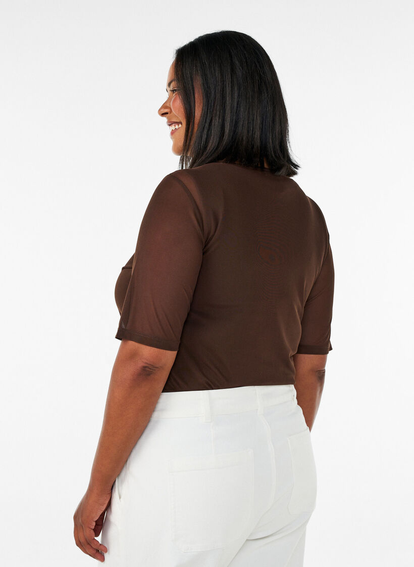 Mesh top met korte mouwen en ronde hals, Bruin, Model image number 2