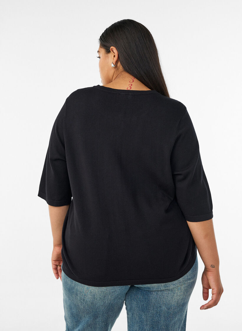Gebreid vest met hartvormige knopen en korte mouwen, Zwart, Model image number 2