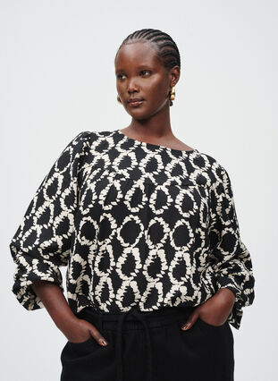 ZizziBlouse met lange mouwen, print en strikjes, Black ART AOP, Image image number 0