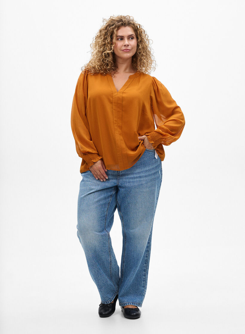 Blouse met doorschijnende mouwen en smockdetails, Pumpkin Spice, Model