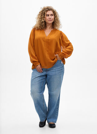 ZizziBlouse met doorschijnende mouwen en smockdetails, Pumpkin Spice, Model image number 2
