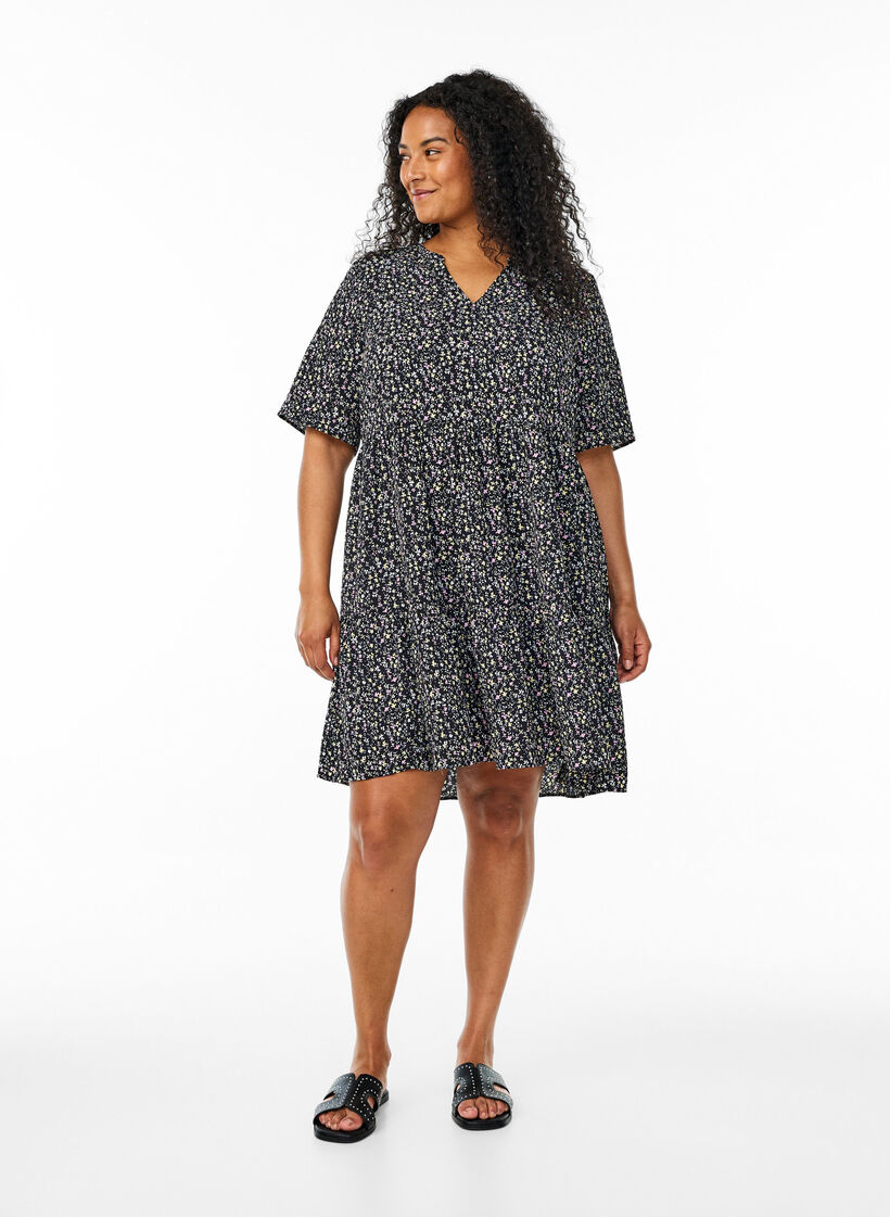 Jurk met korte mouwen, A-lijn en snijlijnen, Zwart, Model image number 1