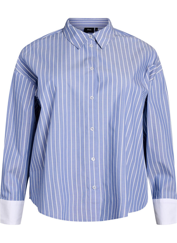 Gestreept shirt met contrasterende manchetten, Blue w. White Stripe, Packshot