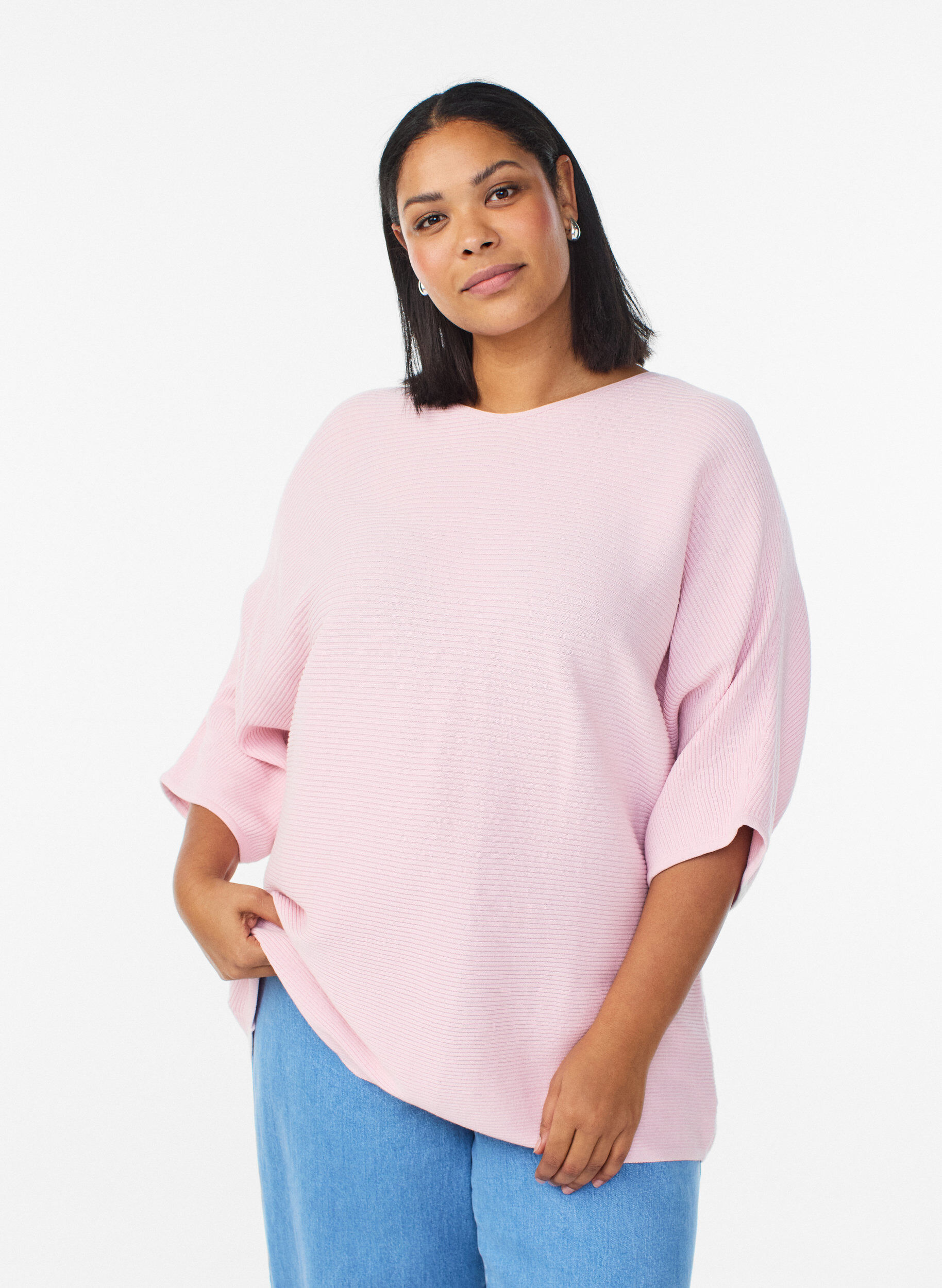 Gebreide top met boothals en 1/2 mouwen, Roze, Model