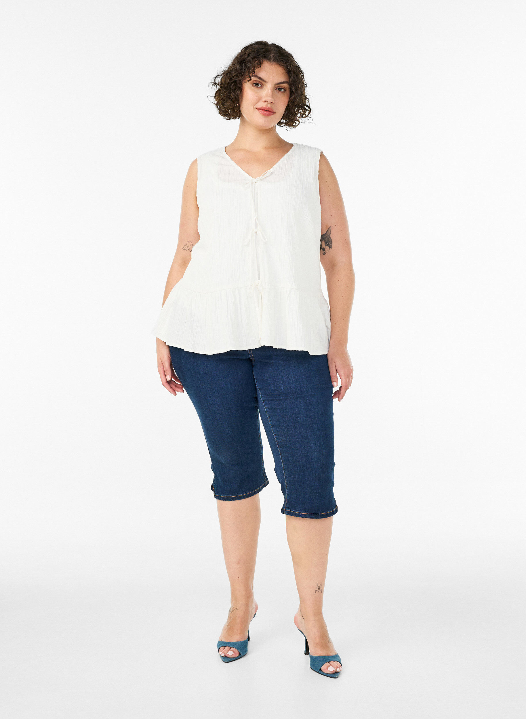 ZizziMouwloze blouse met textuur en een striksluiting, Vanille, Model image number 1