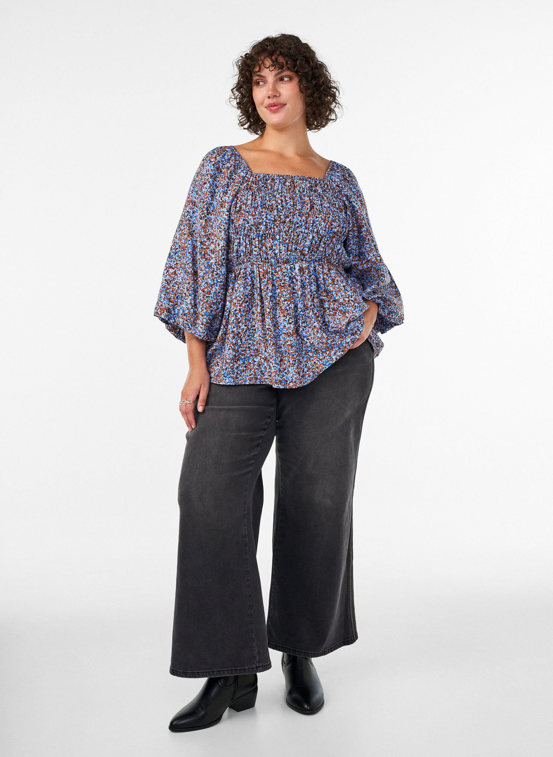 ZizziBlouse met smock en vierkante halslijn, Blauw, Model image number 1