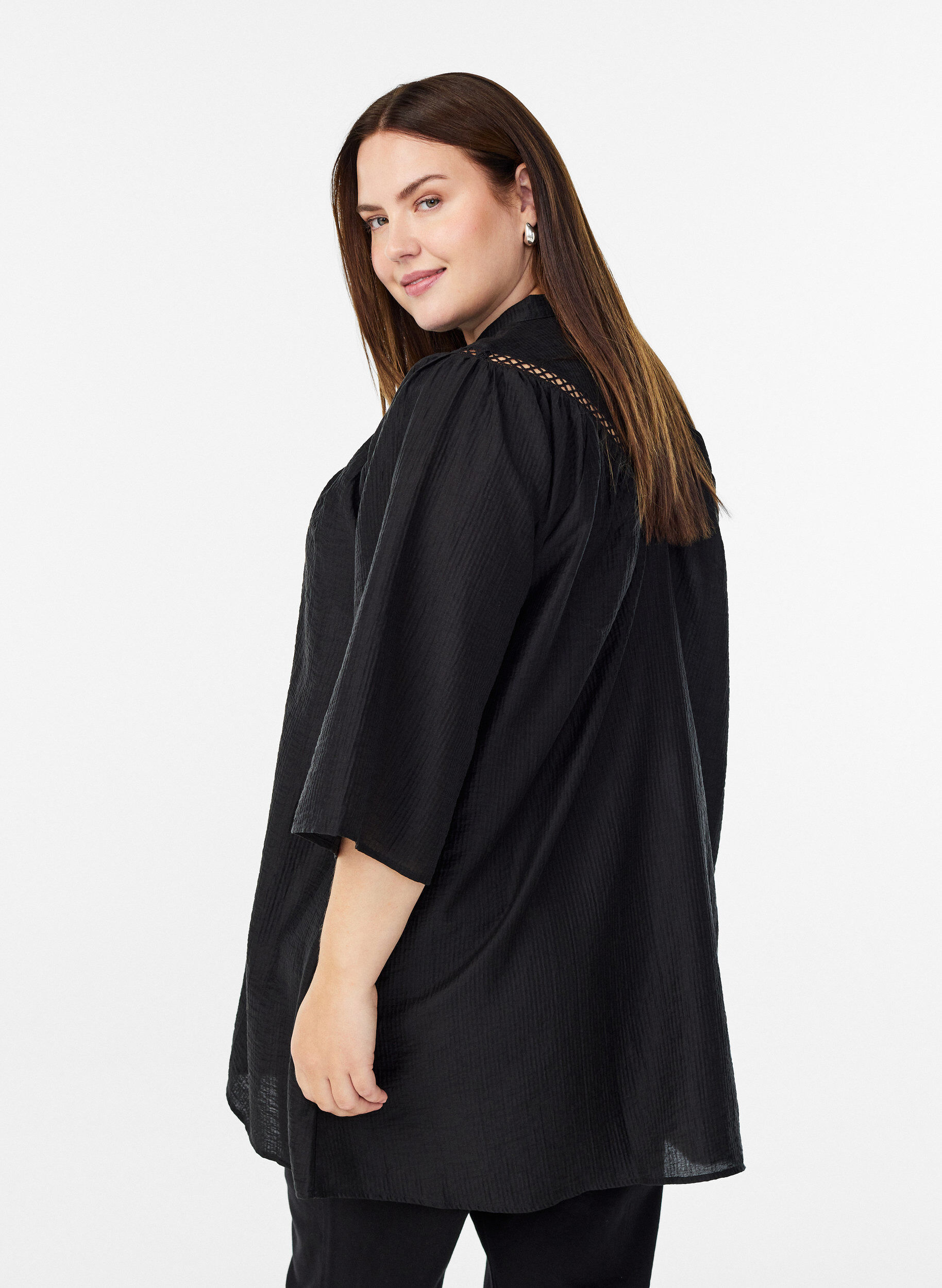 ZizziTuniek met gehaakte randen en gestreepte textuur, Zwart, Model image number 2