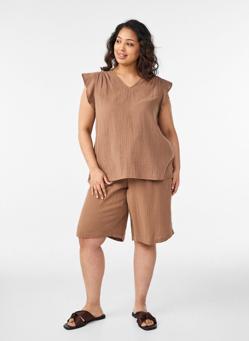 Los katoenen mousseline shorts met een hoge taille, Bruin, Model image number 1