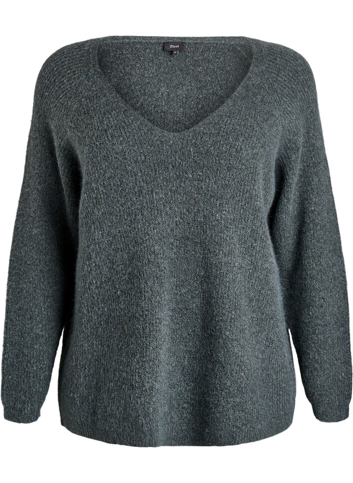 Gebreide blouse met V-hals en raglanmouwen, Groen, Packshot image number 0