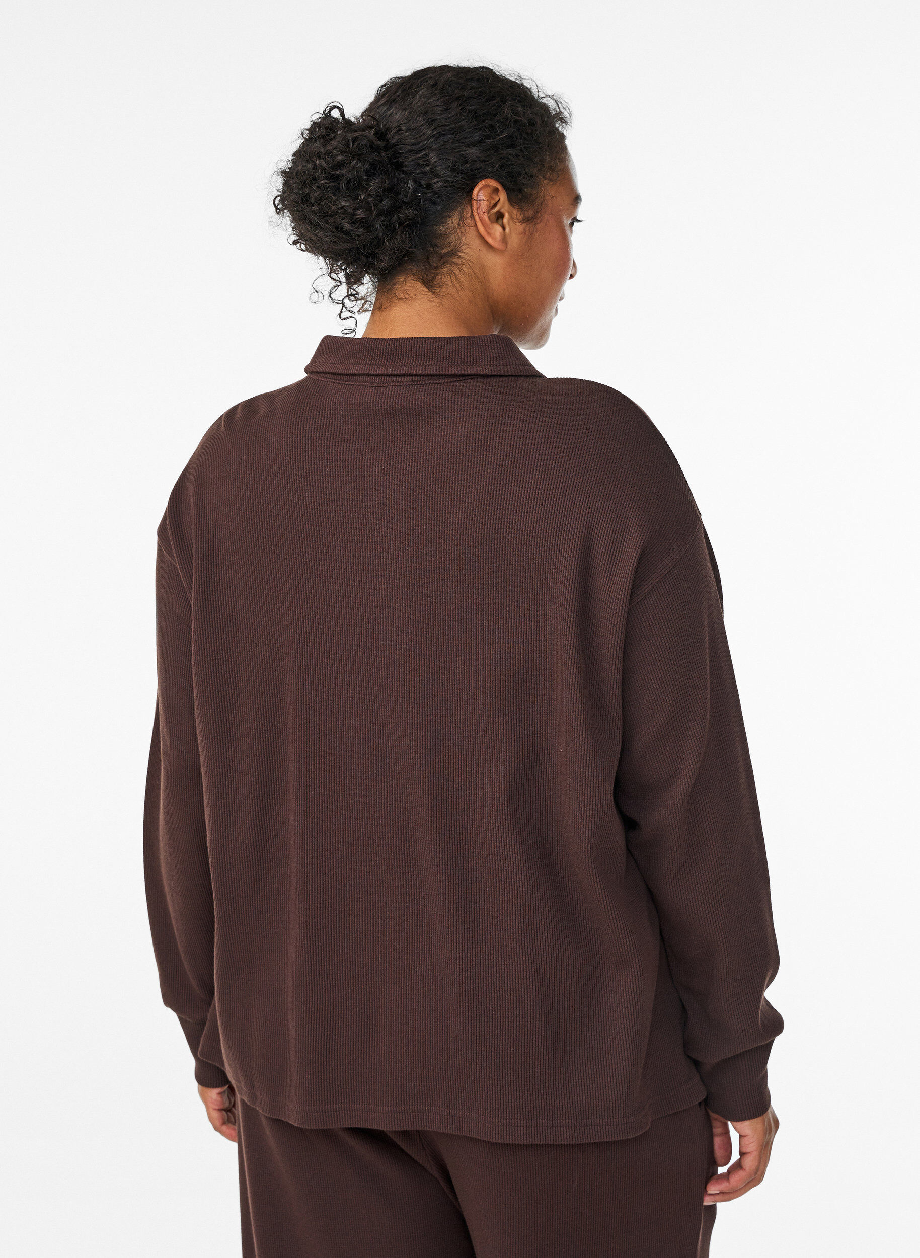 ZizziGeribde jersey poloshirt met lange mouwen, Bruin, Model image number 2