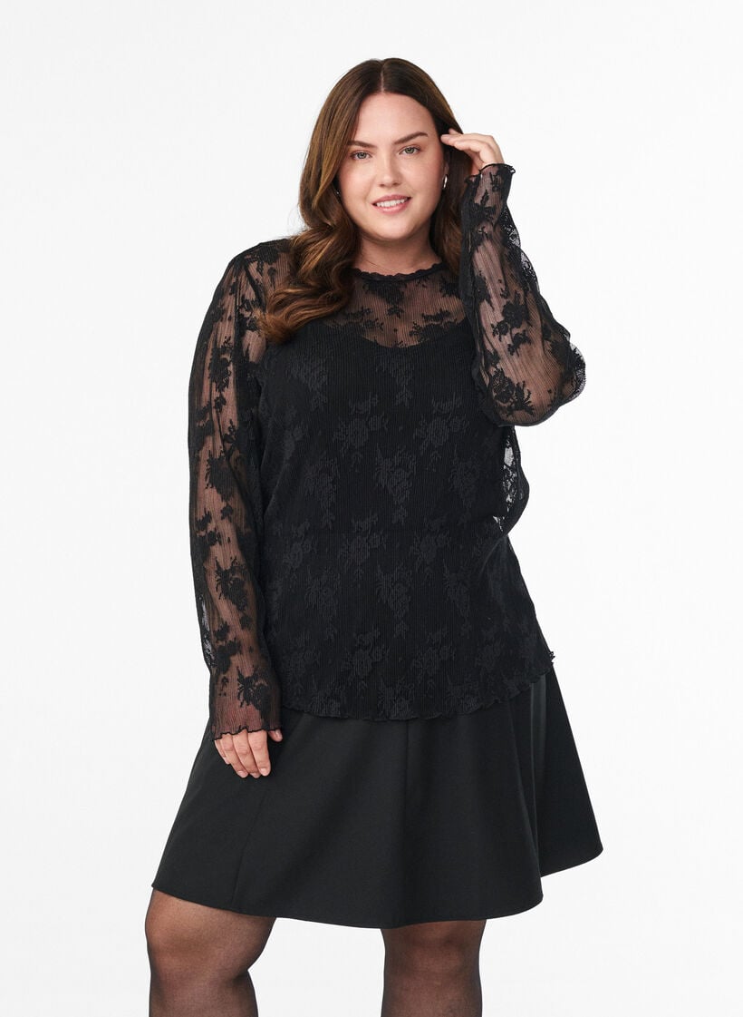 Mesh blouse met lange mouwen met kantpatroon, Zwart, Model