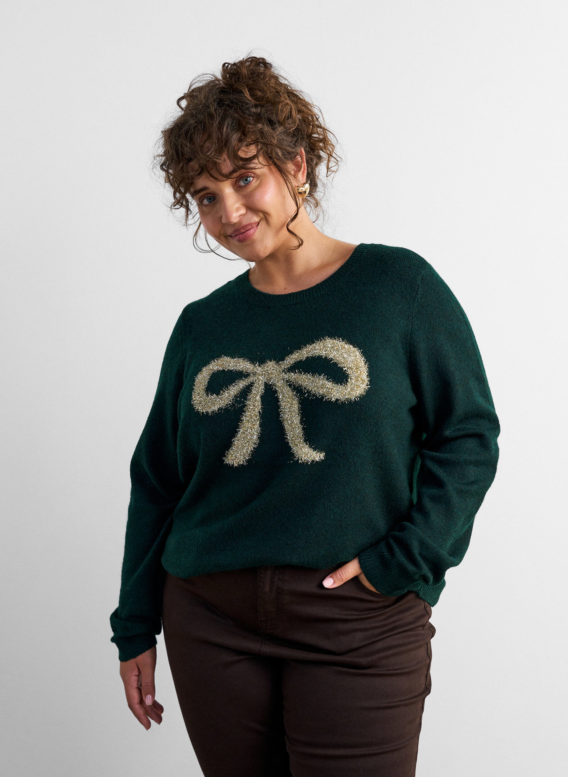 Gebreide jumper met glitterstrik, Groen, Model