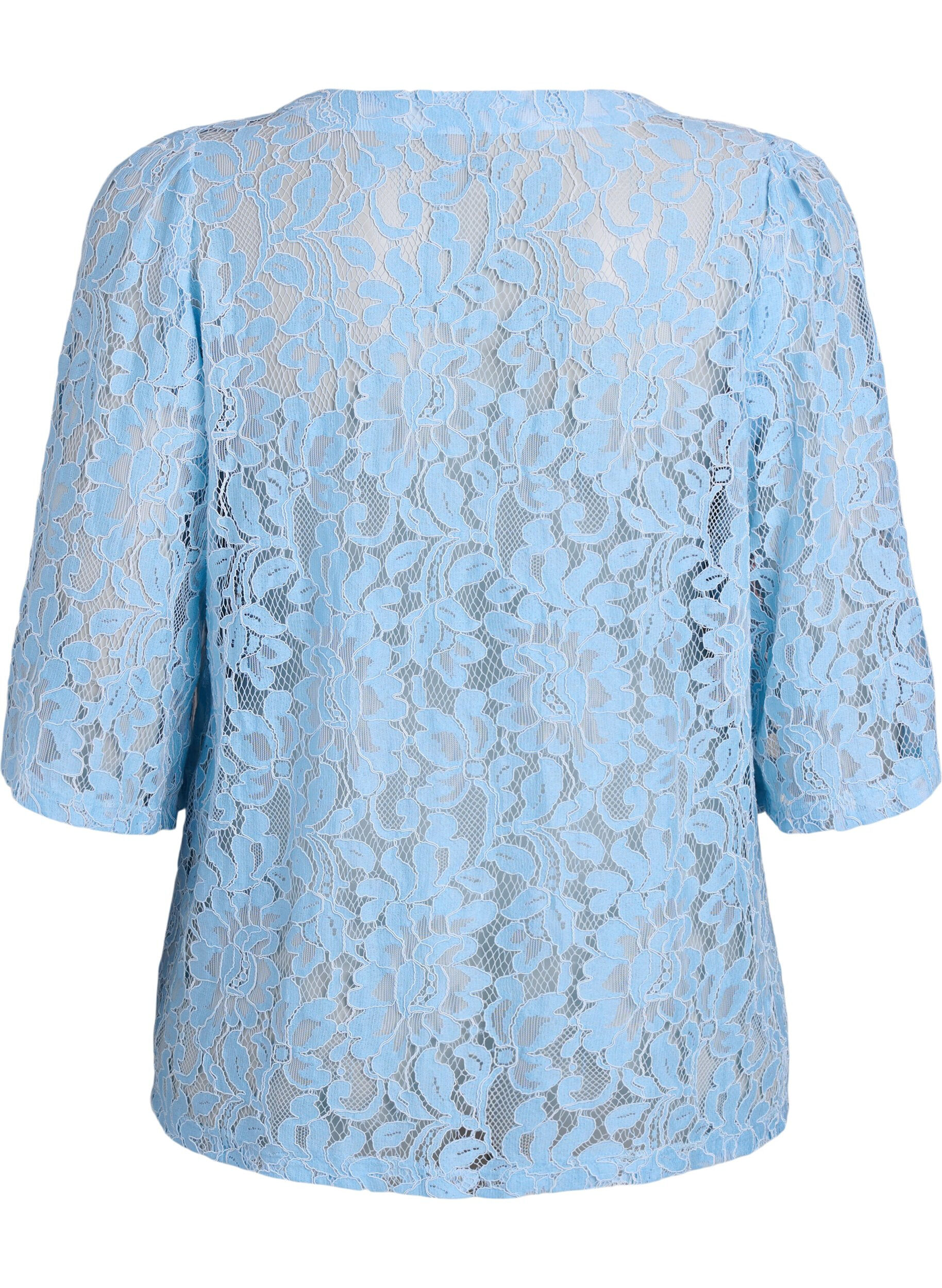 ZizziKanten blouse met korte mouwen en V-hals, Blauw, Packshot image number 1
