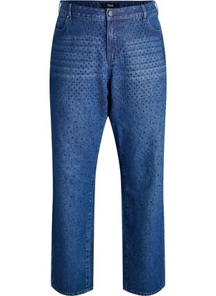 ZizziStraight-fit jeans met rhinestones en een hoge taille, Dark Blue, Packshot image number 0
