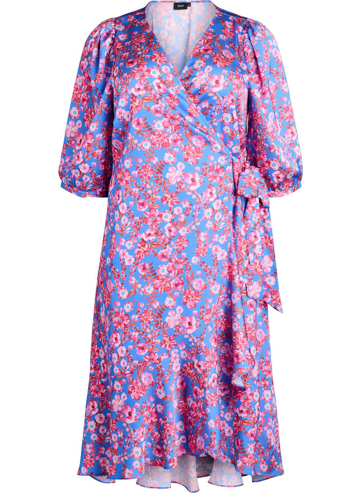 Omslagjurk met bloemenprint met 3/4 mouwen, Blue Pink Flower, Packshot