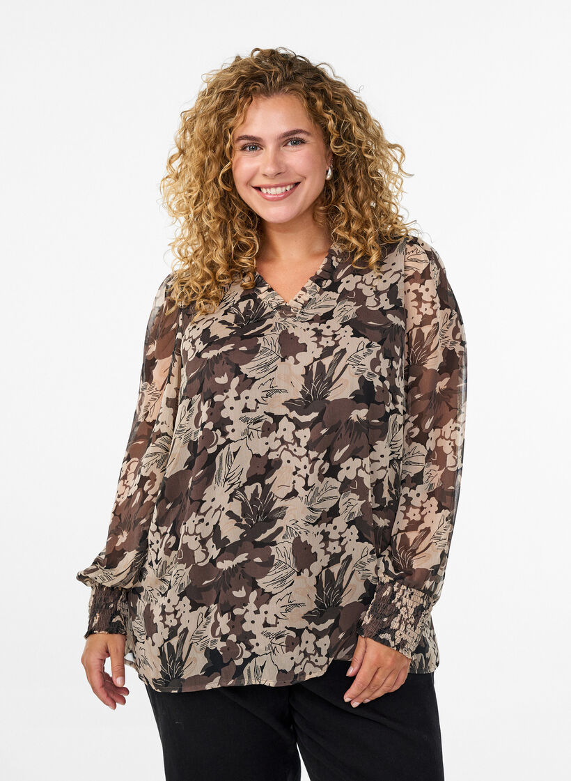 Blouse met bloemenprint, Zwart, Model image number 0