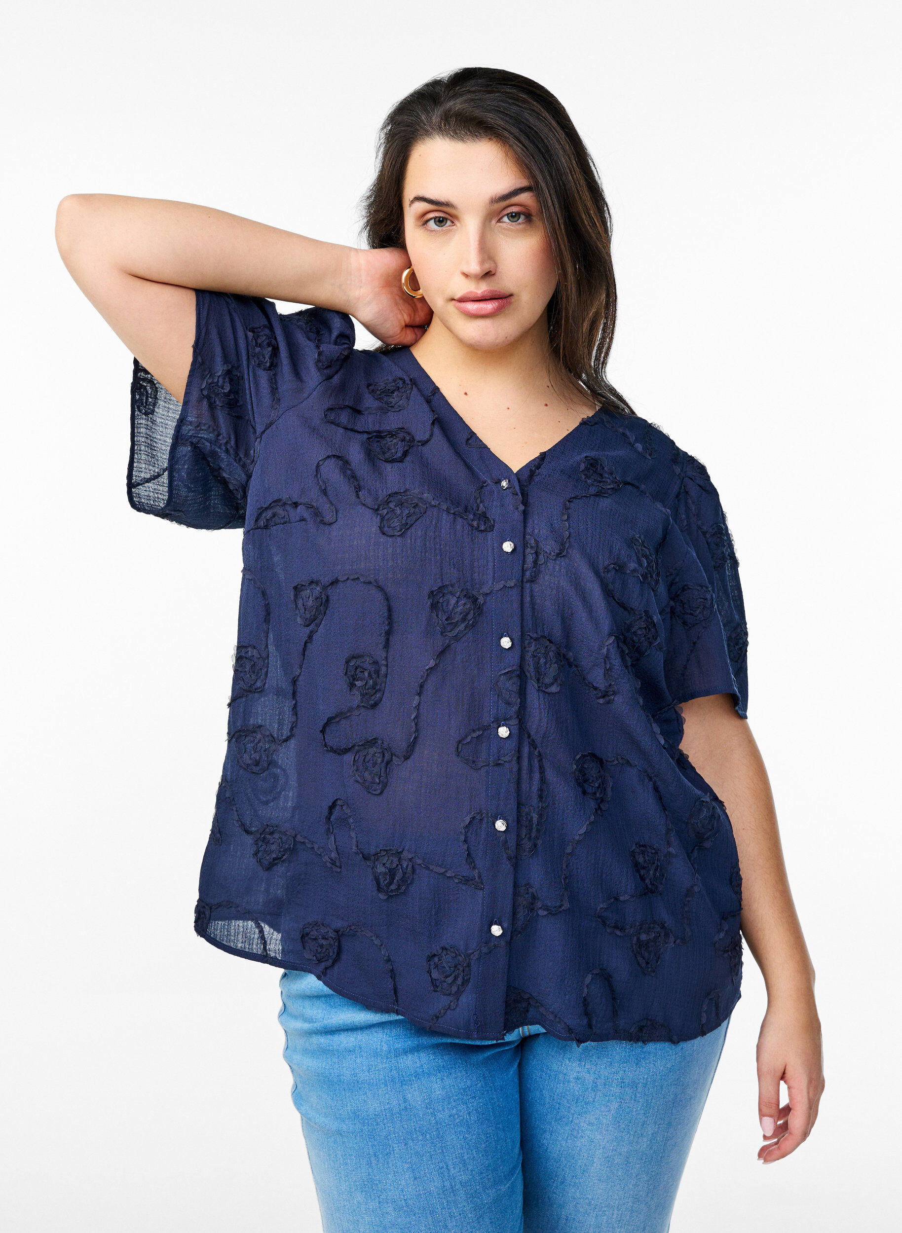 Shirtblouse met korte mouwen en 3D-bloeimeffect, Blauw, Model