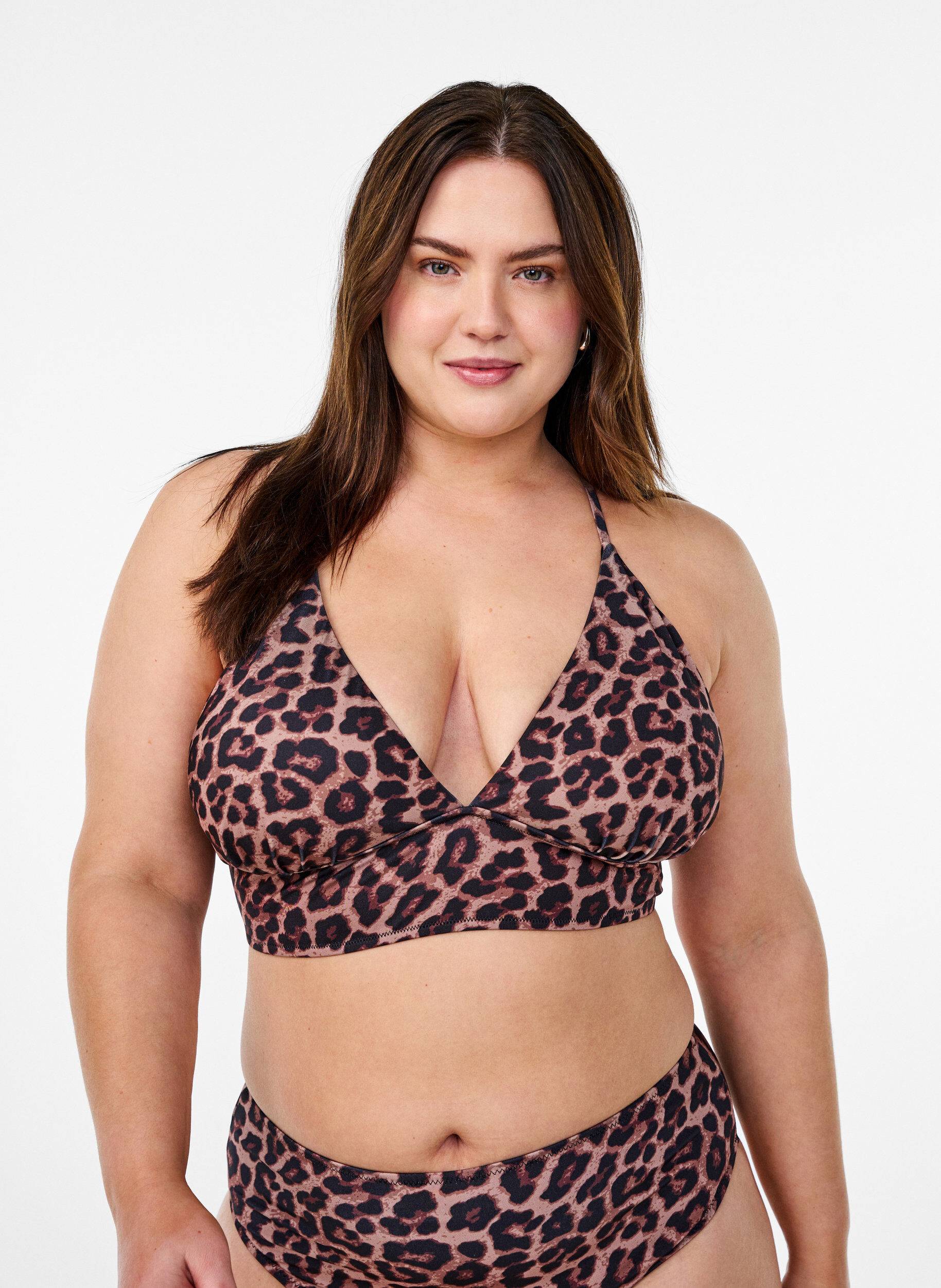 Luipaard bikini top met striksluiting aan de achterkant, Bruin, Model