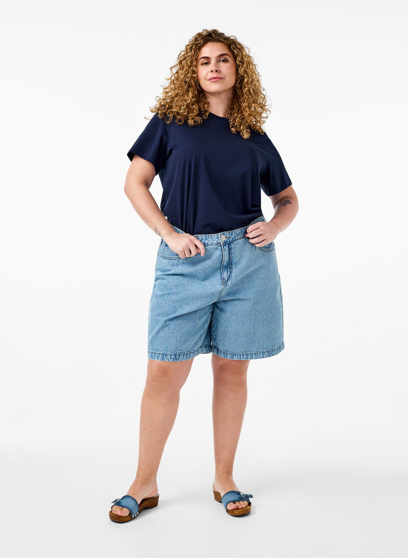 Basic katoenen T-shirt met ronde hals, Blauw, Model image number 1