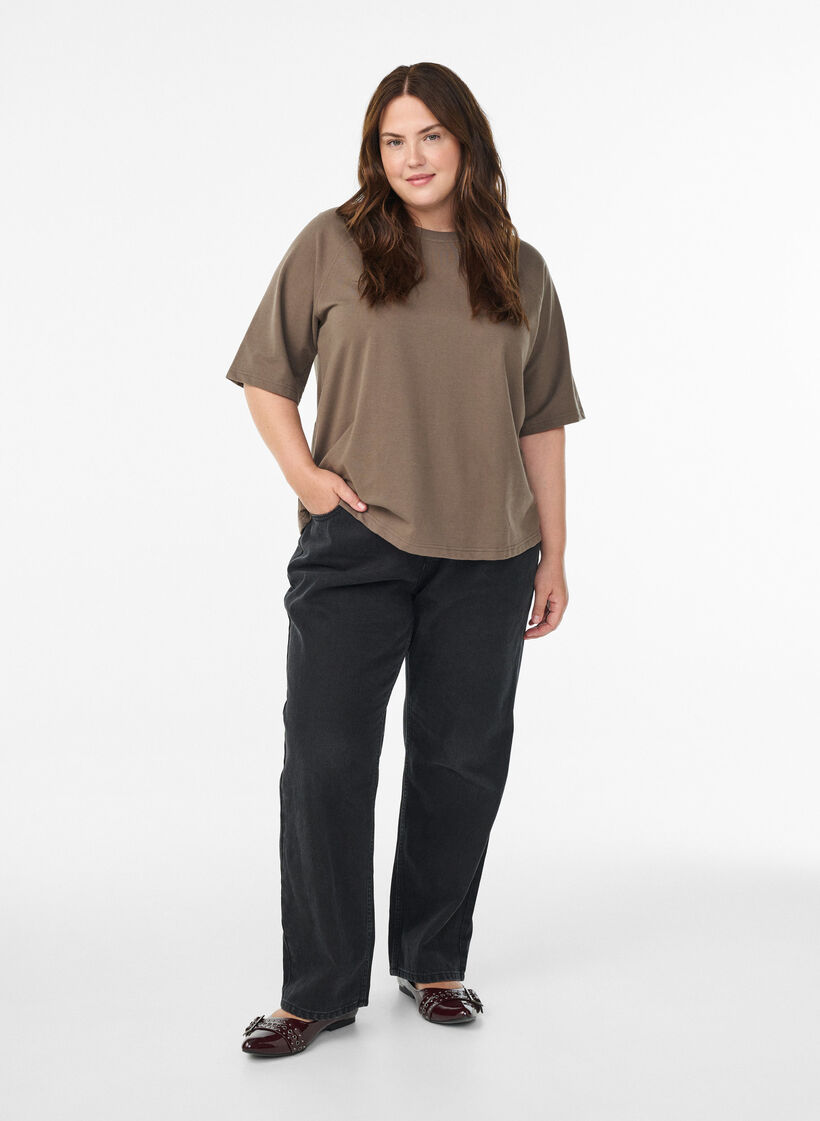 Jersey blouse met raglanmouwen tot de elleboog, Bruin, Model image number 1