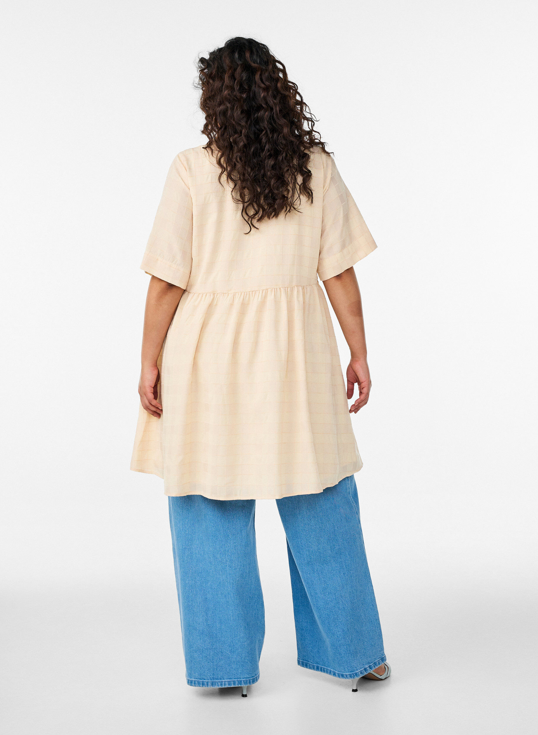 ZizziKorte overhemdjurk met een geruite textuur en 1/2 mouwen, Geel, Model image number 2