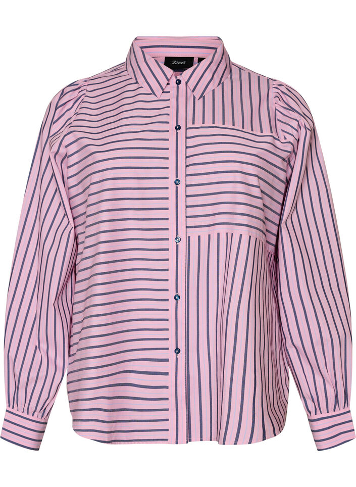 Gestreept shirt met een klassieke kraag en lange mouwen, Roze, Packshot image number 0