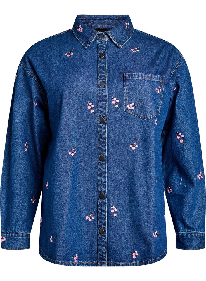 Denim shirt met geborduurde bloemen, B. D. Pink Flower, Packshot