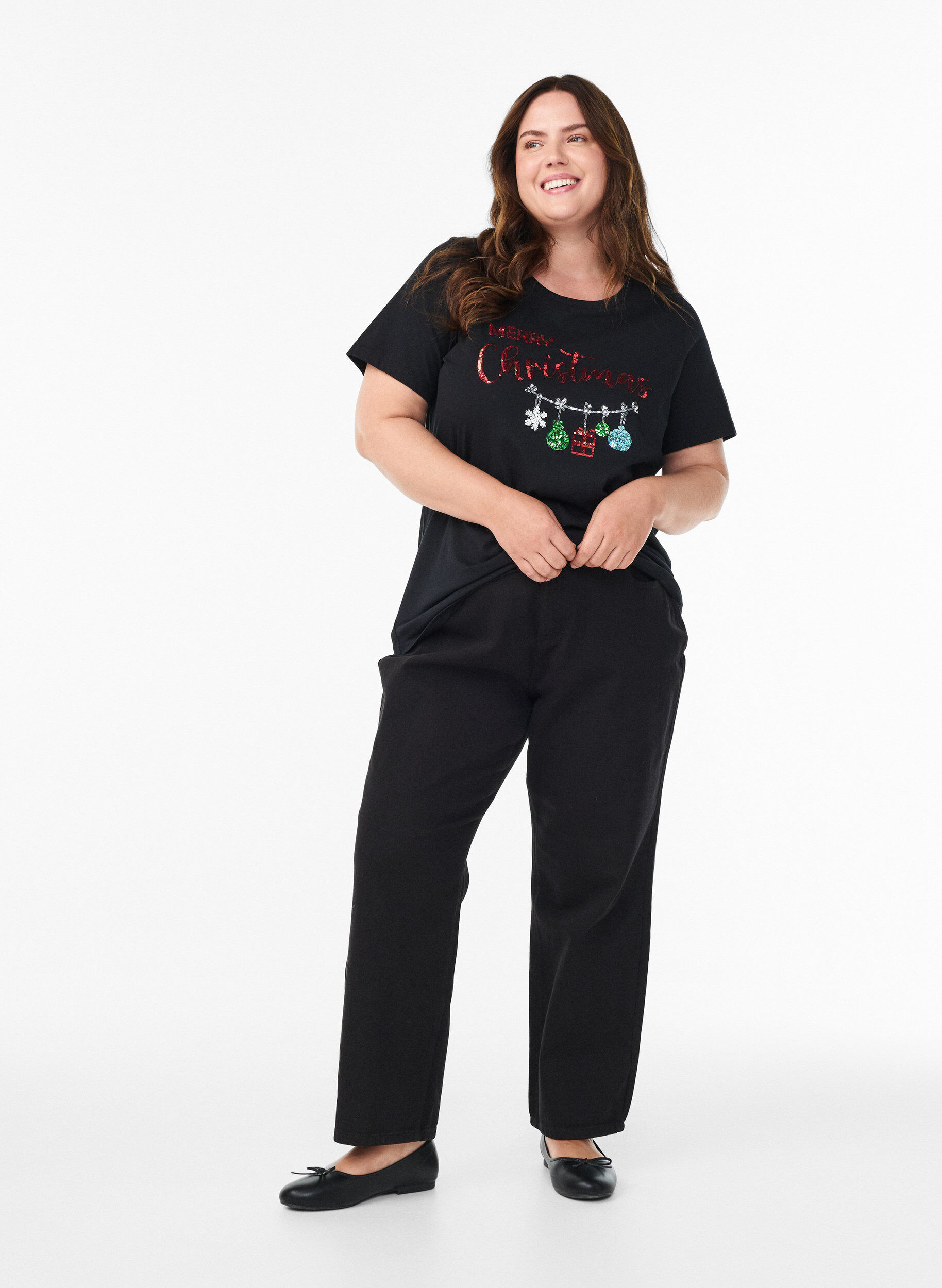 ZizziKerst T-shirt van biologisch katoen, Zwart, Model image number 1