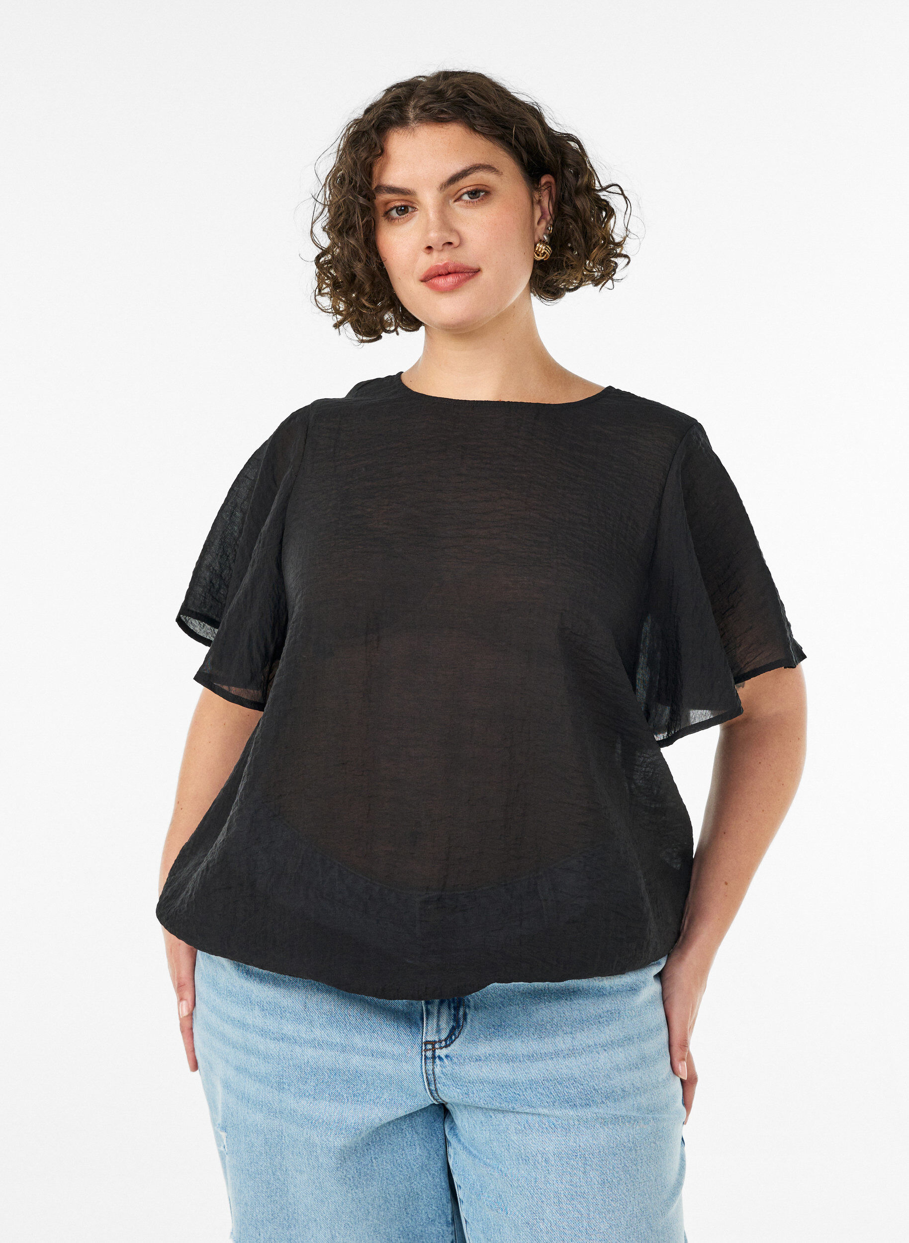 ZizziBlouse met ballonavorm en vleermuismouwen, Zwart, Model image number 0