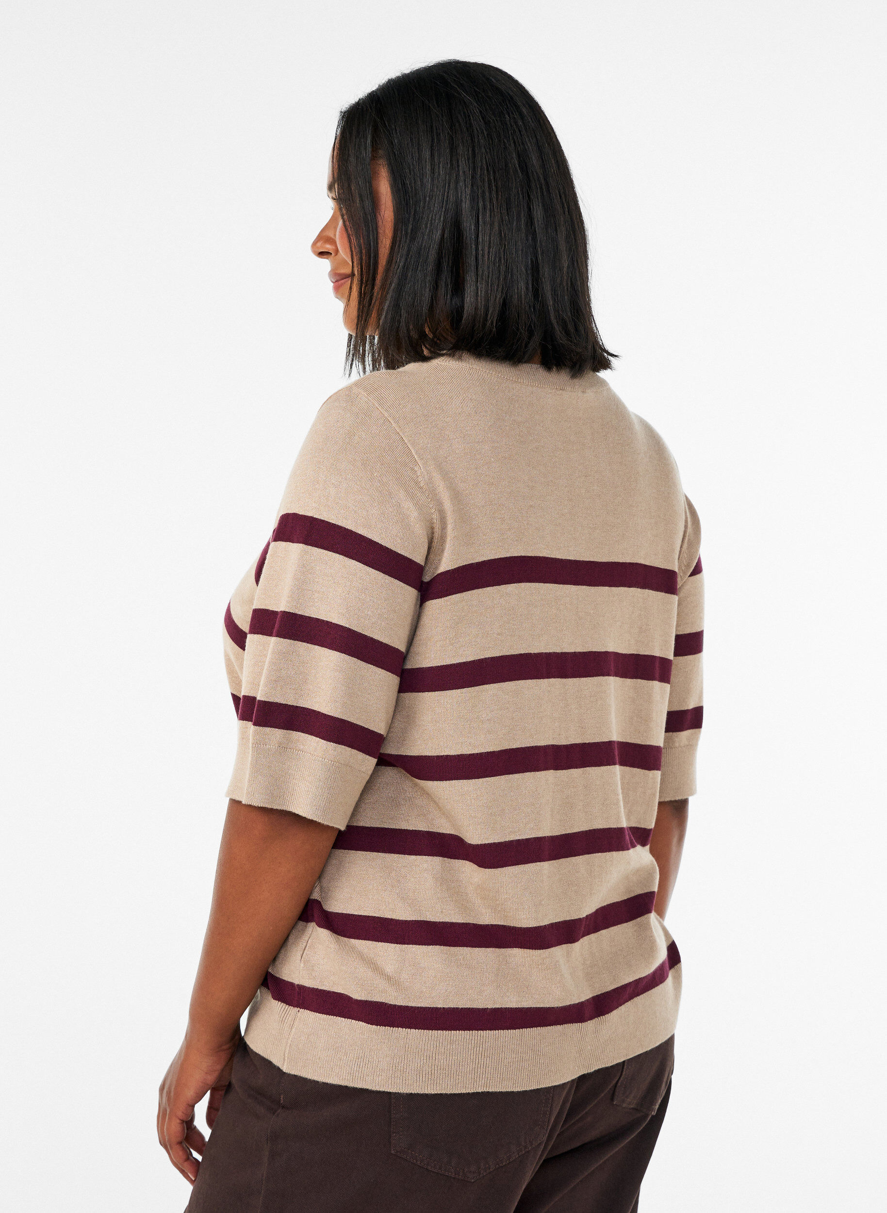 ZizziGestreepte top met korte mouwen in breisel, Beige, Model image number 2