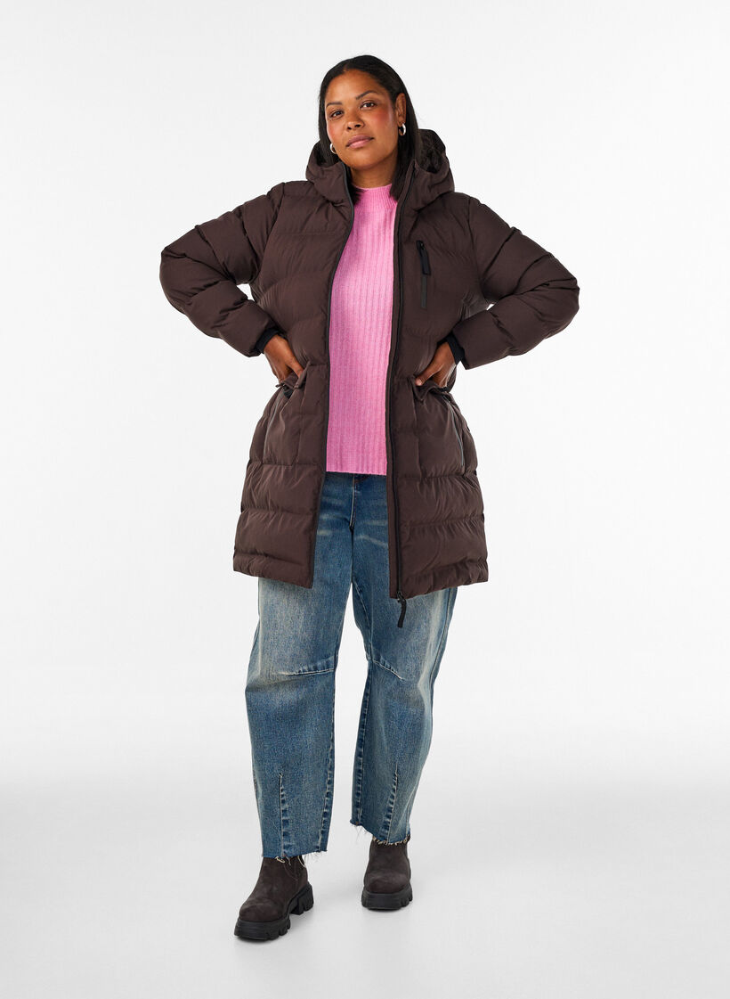 Pufferjas met capuchon en zakken, Bruin, Model image number 1
