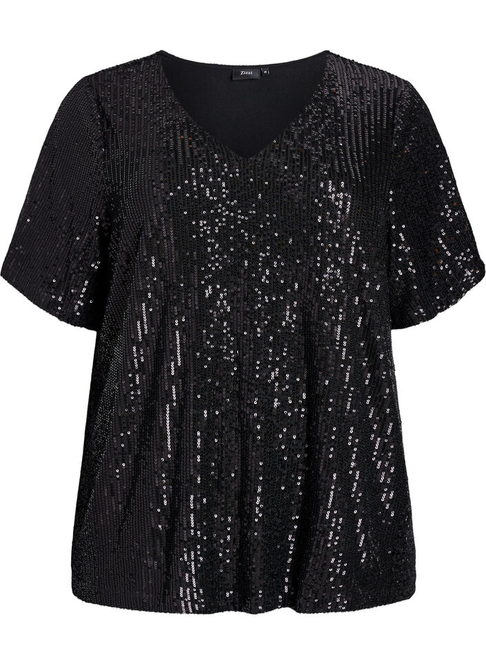 Sequin blouse met V-hals en korte mouwen, Zwart, Packshot image number 0