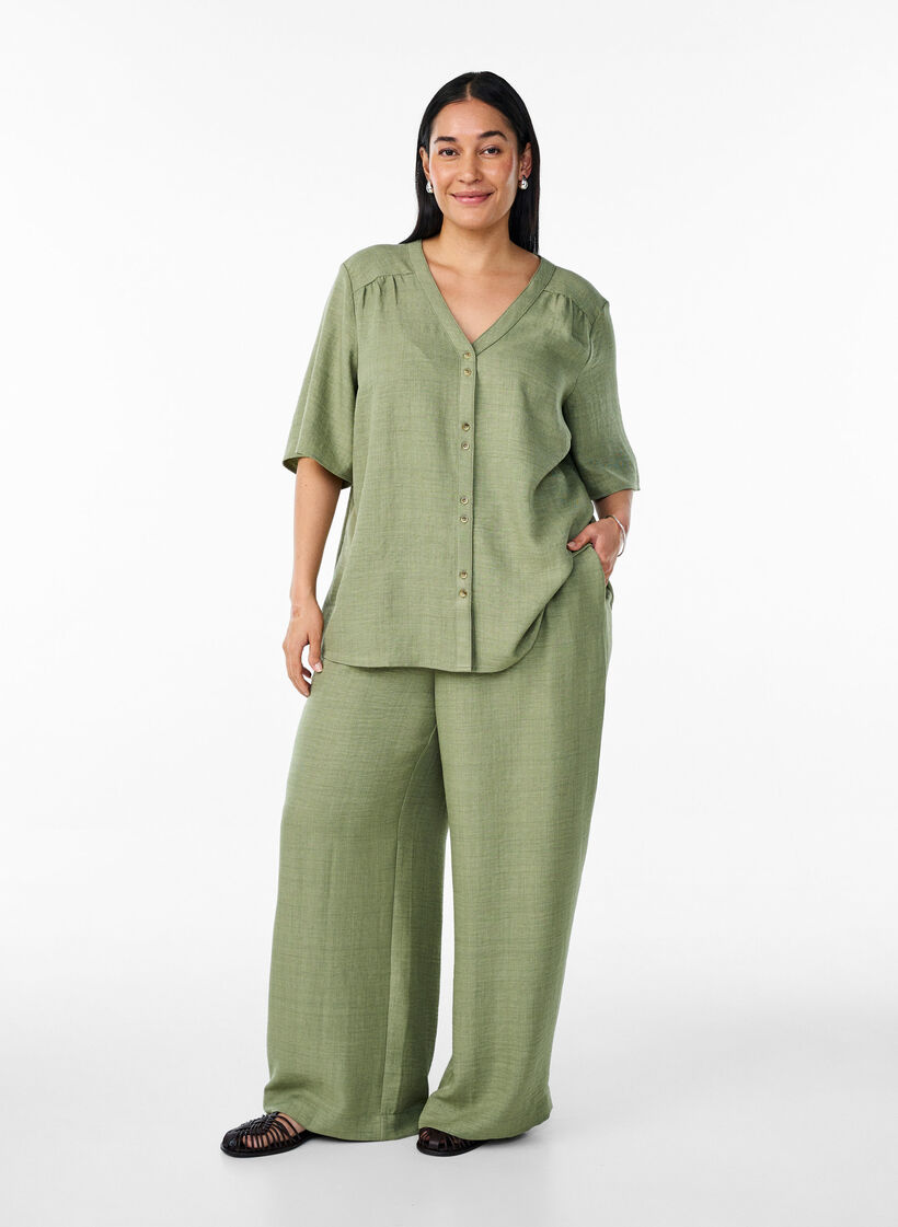 Losse broek met elastische tailleband en zakken, Groen, Model image number 0