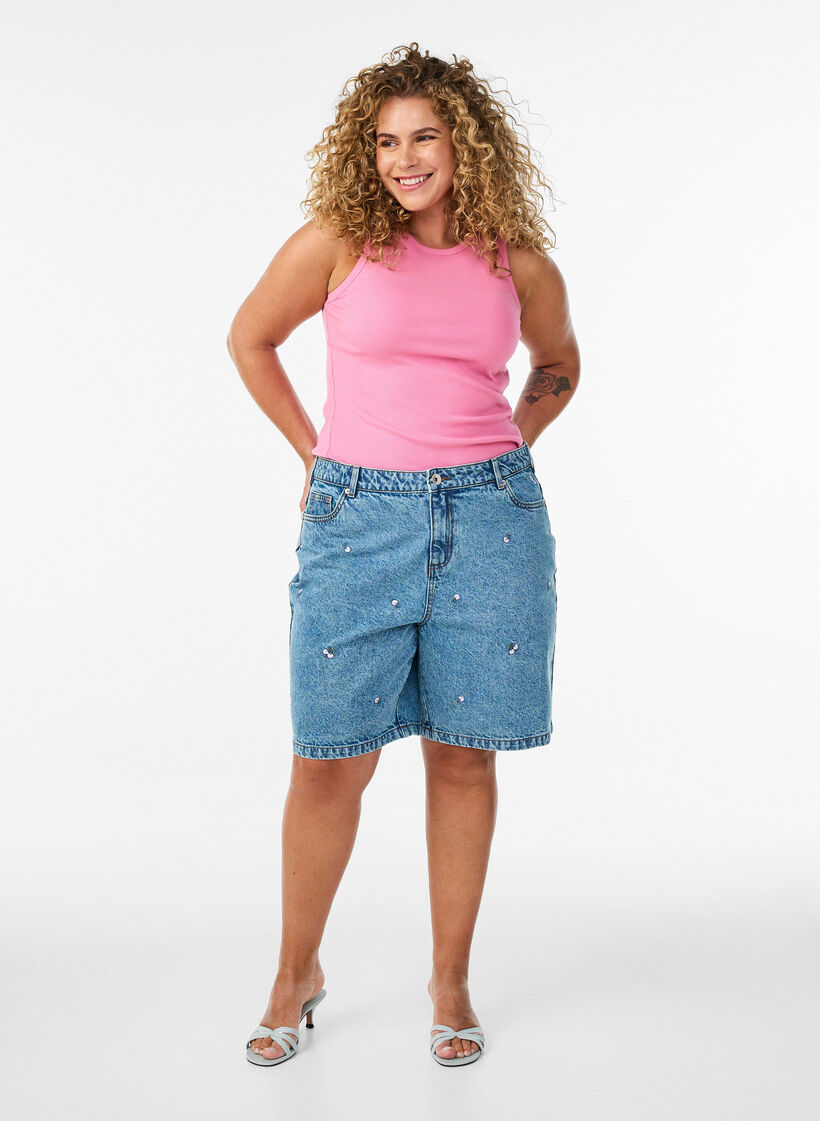 Katoenen ribtop met hoge hals, Roze, Model image number 1