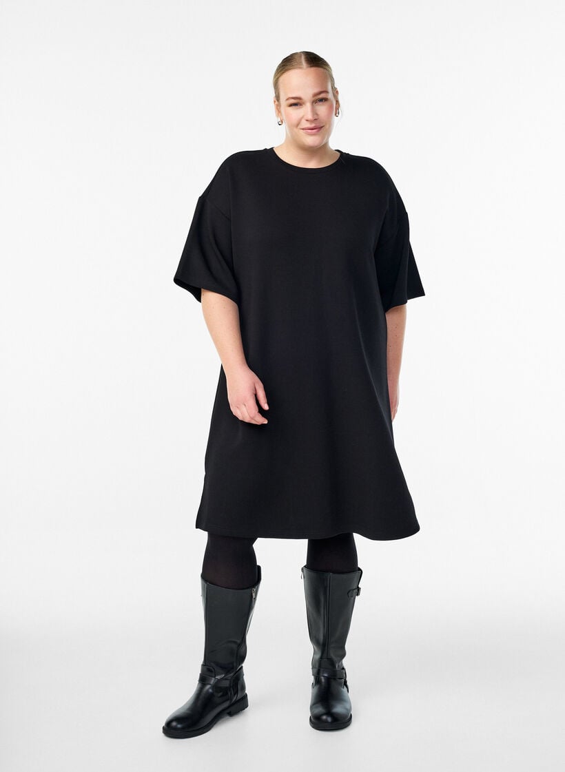 T-shirtjurk van jersey met zijsplitten, Zwart, Model image number 1