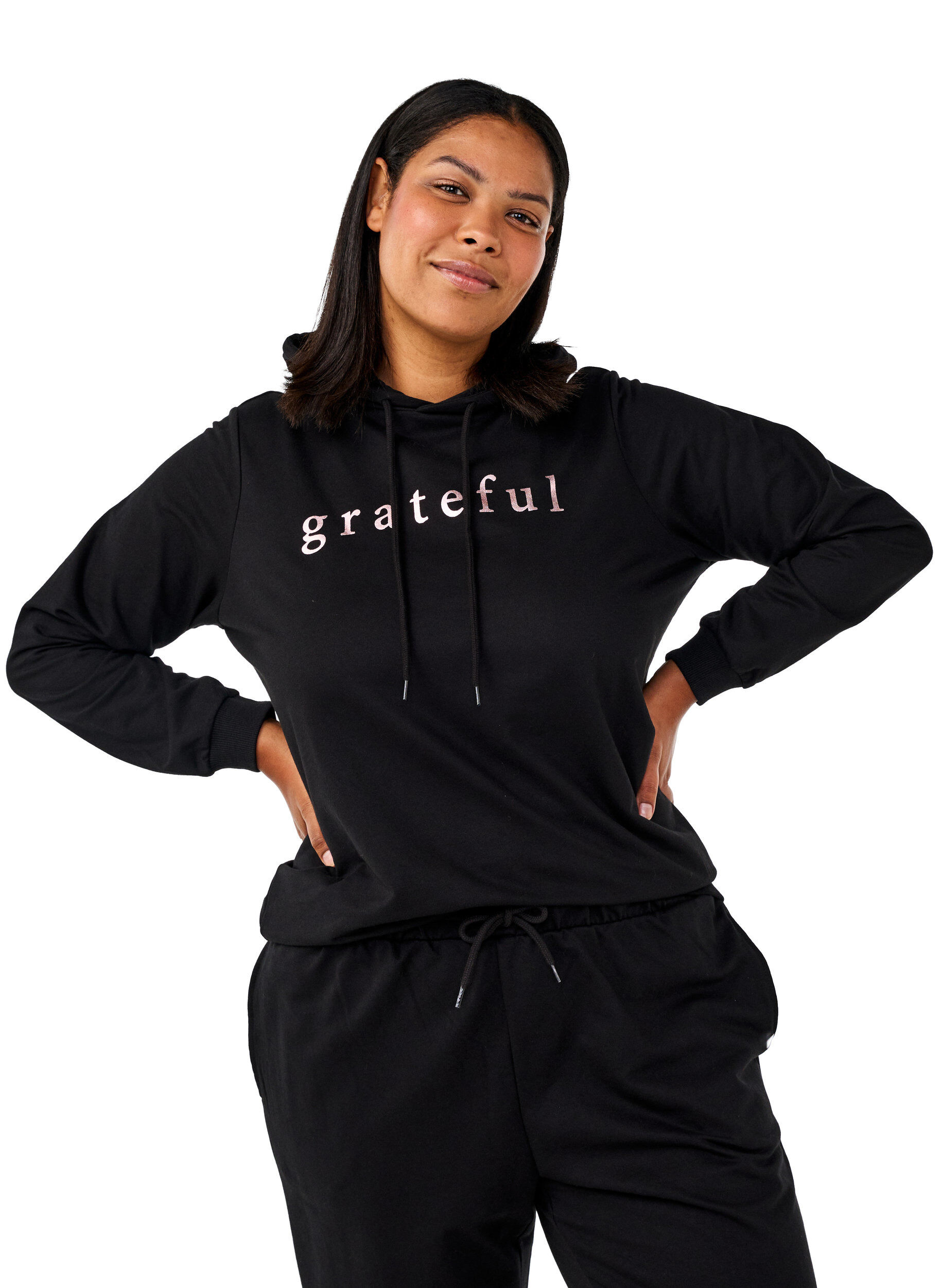 ZizziSweater met capuchon en print, Zwart, Model image number 0