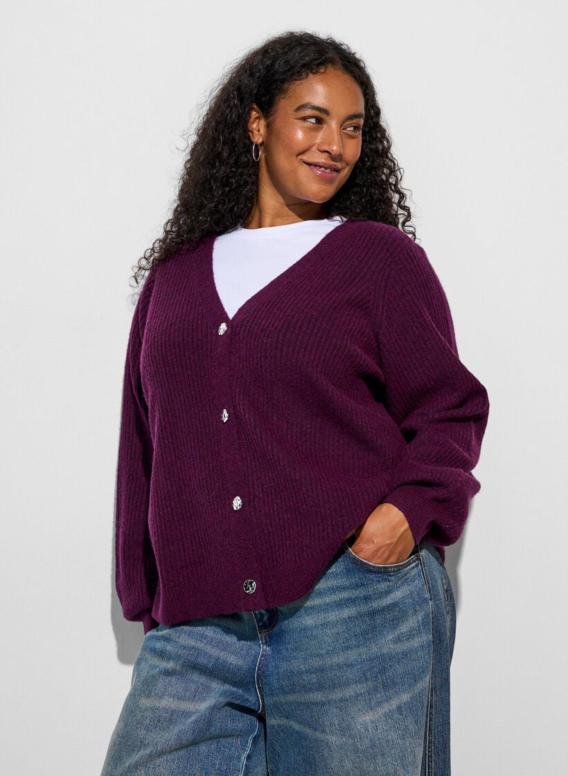 Vest met V-hals en ribstructuur, Paars, Model image number 3