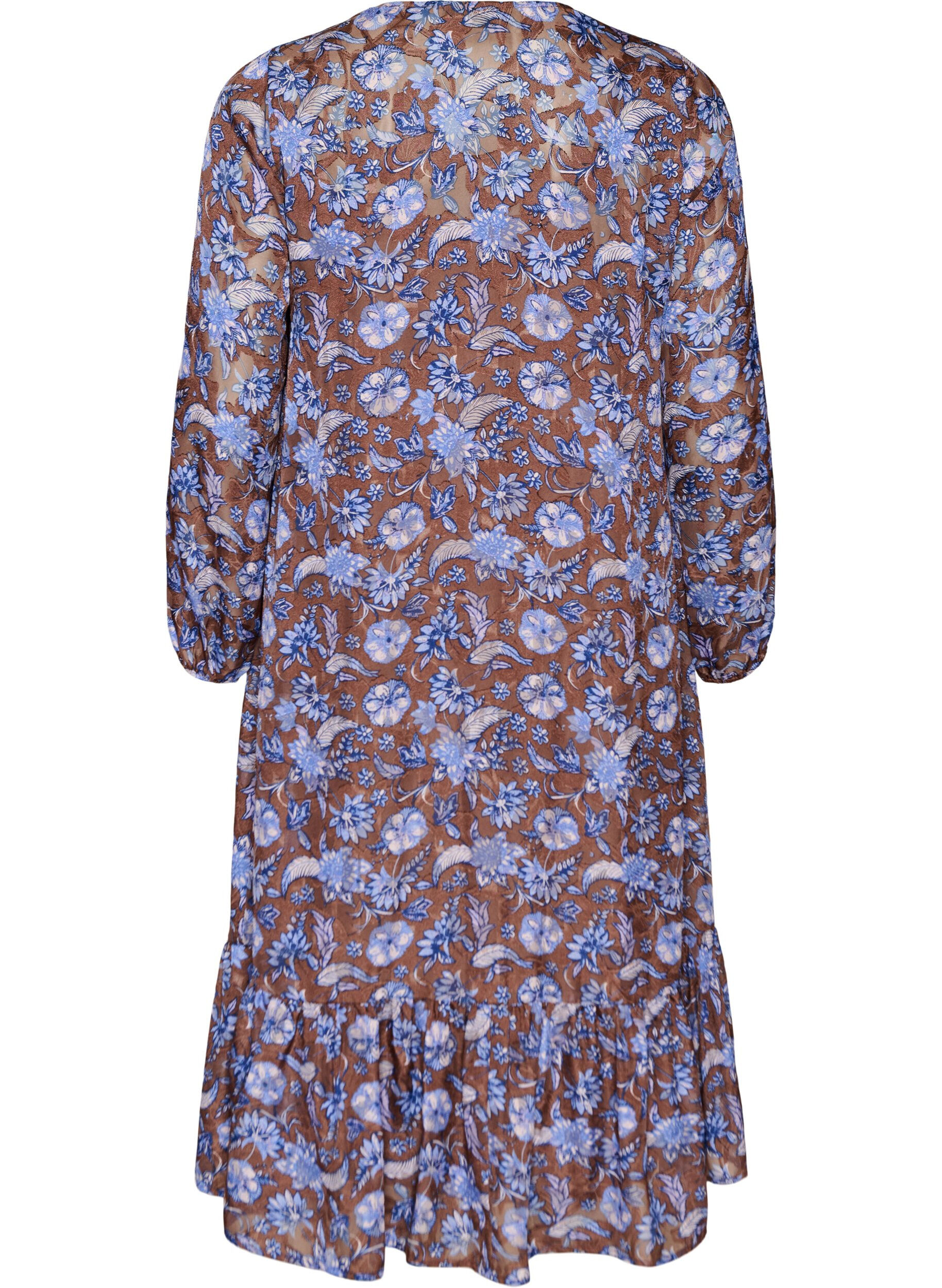 ZizziMidijurk met bloemenprint en ruchezoom, Bruin, Packshot image number 1