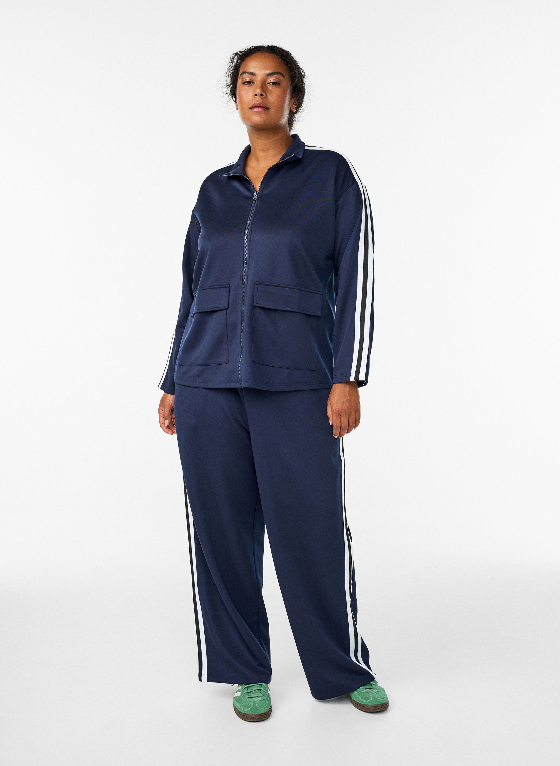 Trackpants met hoge taille en sportieve strepen, Blauw, Model