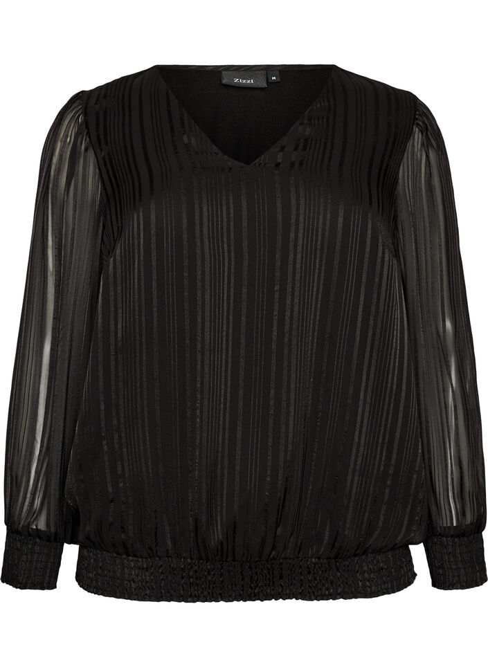 Gestreepte blouse met ballonvorm, Zwart, Packshot image number 0