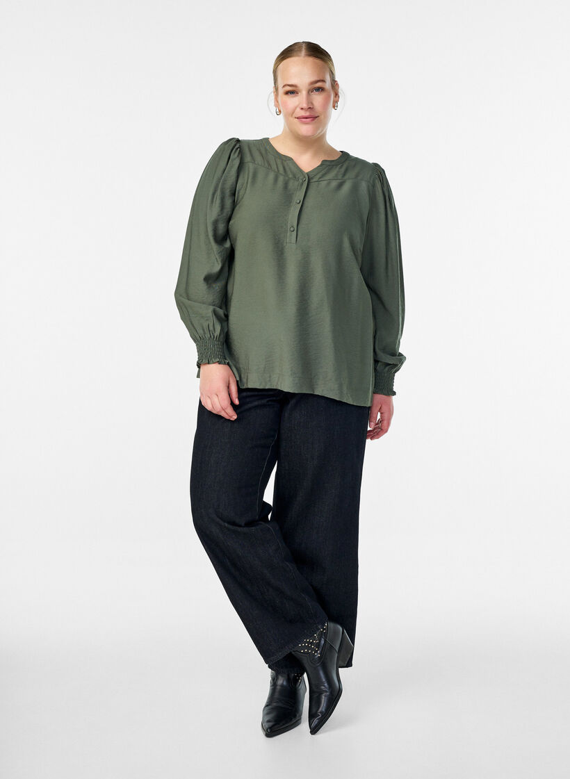 Viscose blouse met smock en geplooide details, Groen, Model image number 1