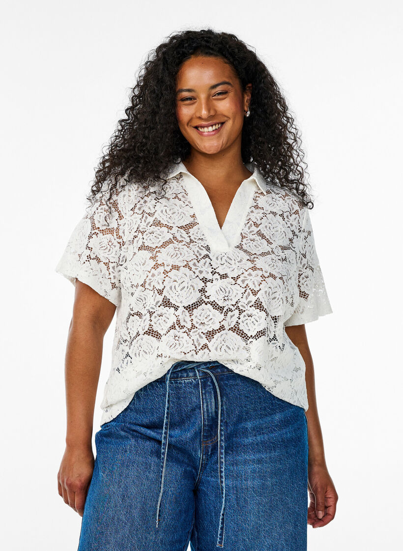 Kanten blouse met een kraag en V-hals, Cloud Dancer, Model