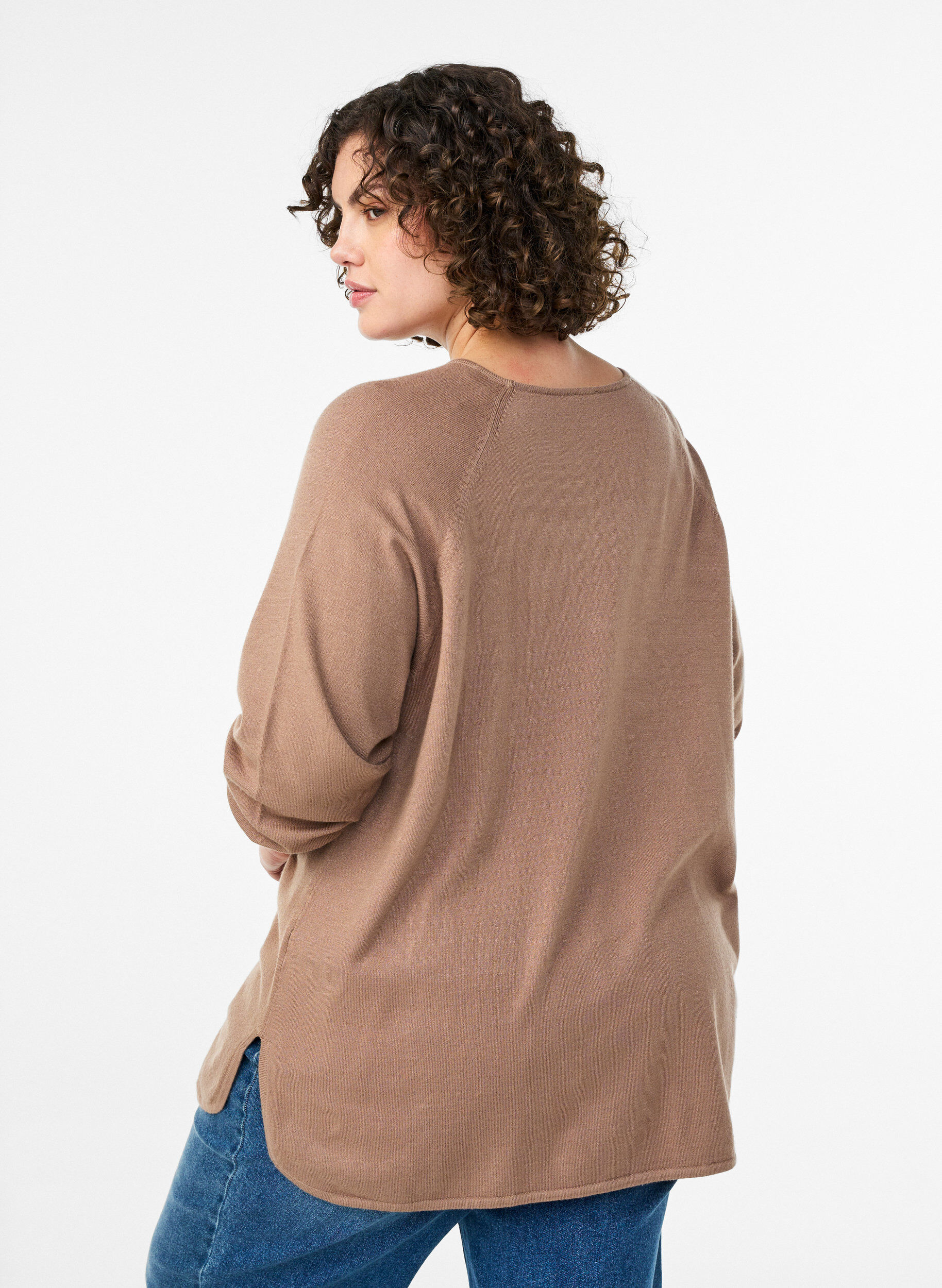 ZizziBreigoed blouse met ronde hals en gebreid patroon, Bruin, Model image number 2