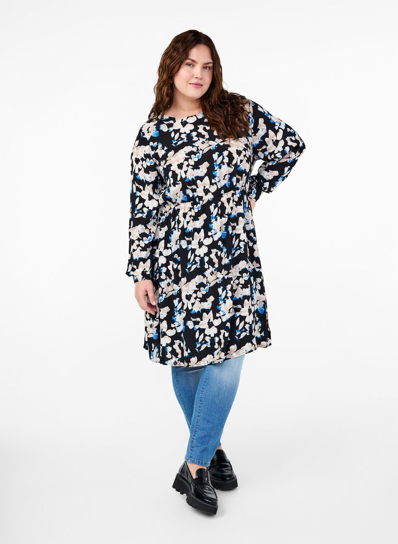 Viscose jurk met print en lange mouwen, Zwart, Model image number 1