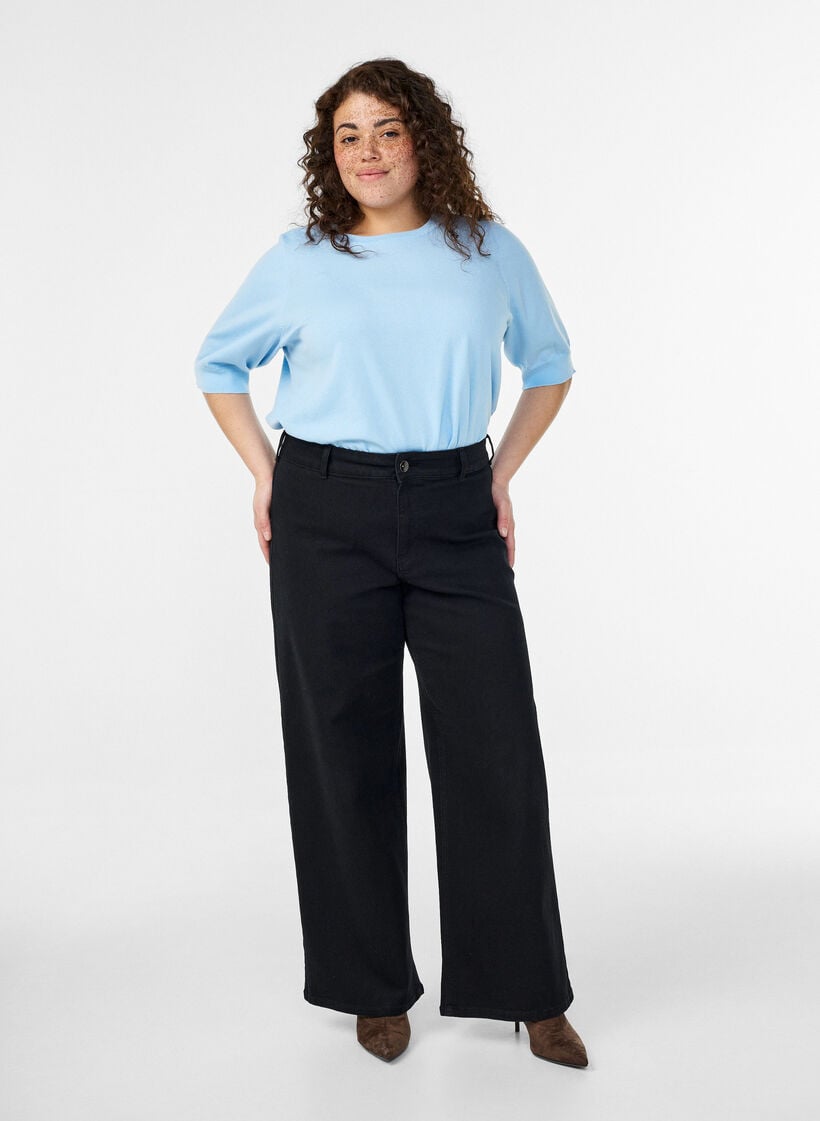 Fijngebreide blouse met korte mouwen, Blauw, Model image number 1