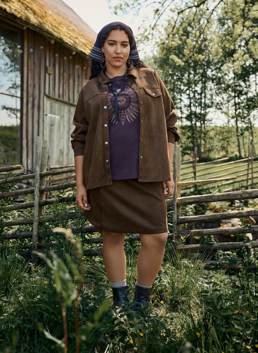 Korte A-lijn rok in imitatie suède, Brown Fake Suede , Image