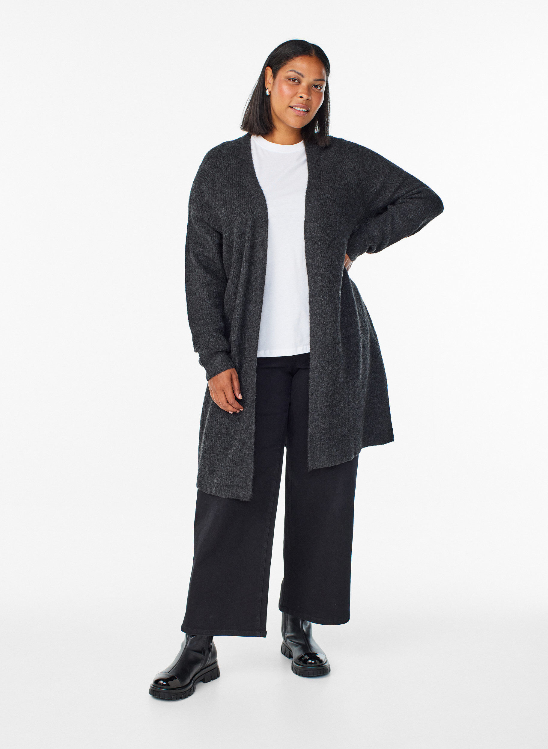 Zizzi Cardigan long c&ocirc;tel&eacute; sans fermeture, Gris anthracite, Model image number 1